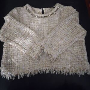 ​Zara Pearl Embellished Tweed Crop Top | Fringed Hem Long Sleeve Blouse | Women'